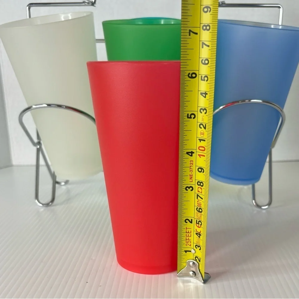 6 Vintage ? Colorful Plastic Drinking Glasses With Metal Holder Barware MCM